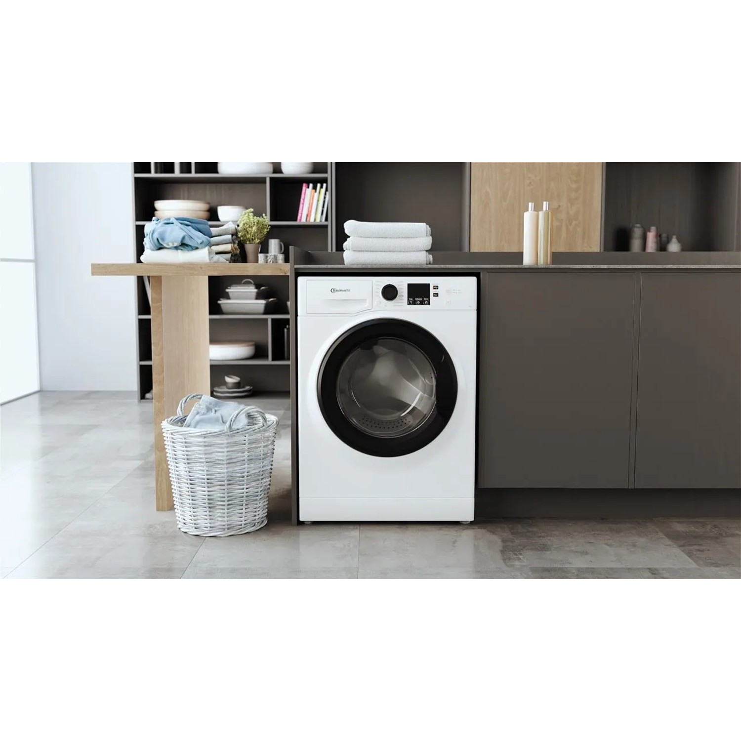 Weiße Bauknecht Frontlader-Waschmaschine BPW 914 B in moderner Waschküche.