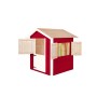 Weka Drachenhöhle Tabaluga, rot-weißes Kinderspielhaus mit Fensterläden und Klöntür.