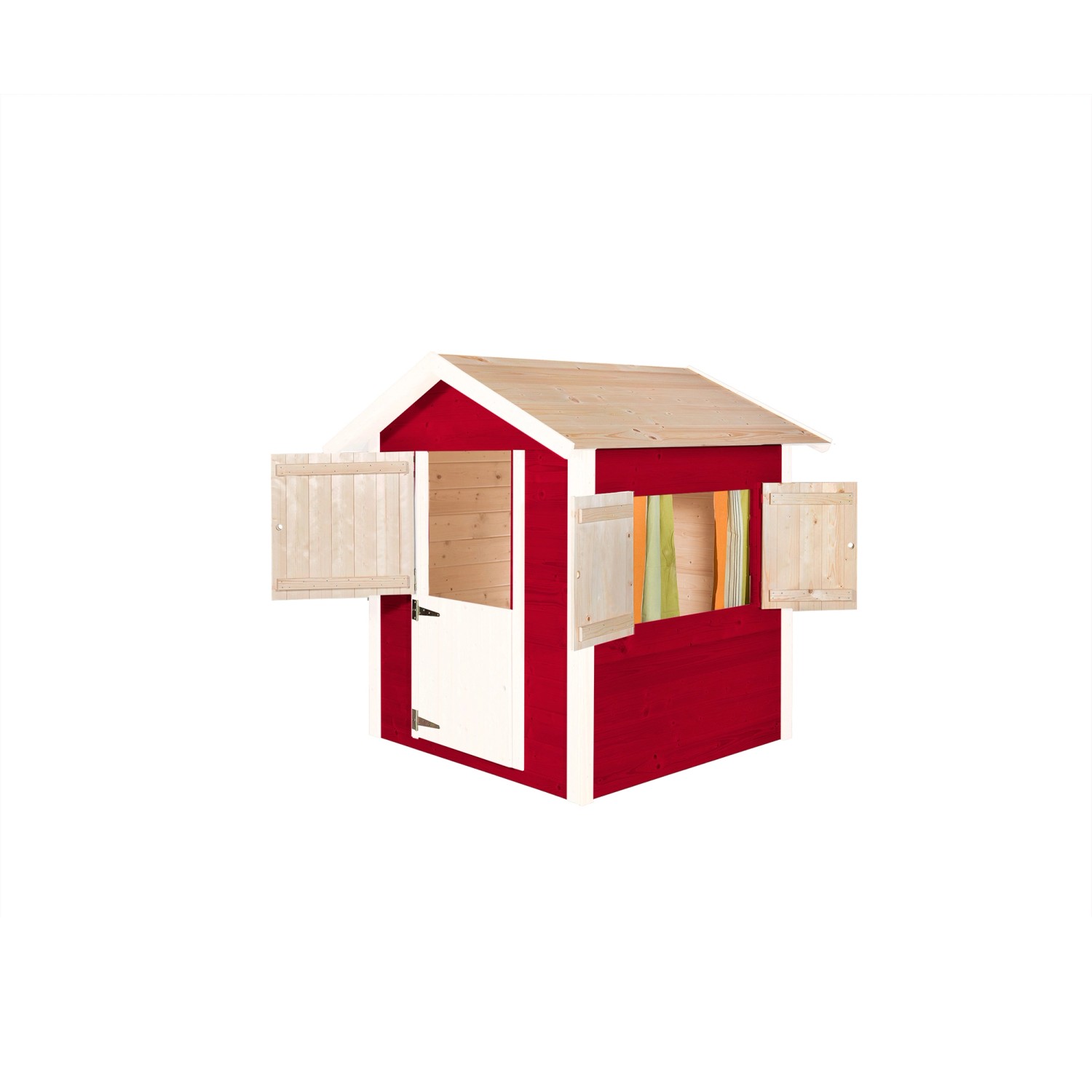 Weka Drachenhöhle Tabaluga, rot-weißes Kinderspielhaus mit Fensterläden und Klöntür.