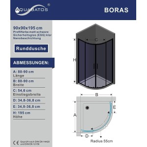 Aquabatos Viertelkreis-Duschkabine Runddusche 6 mm ESG Sicherheitsglas Duschabtrennung Schiebetür 90 x 90 x 195 cm Duschtrennwand Schwarzmatt