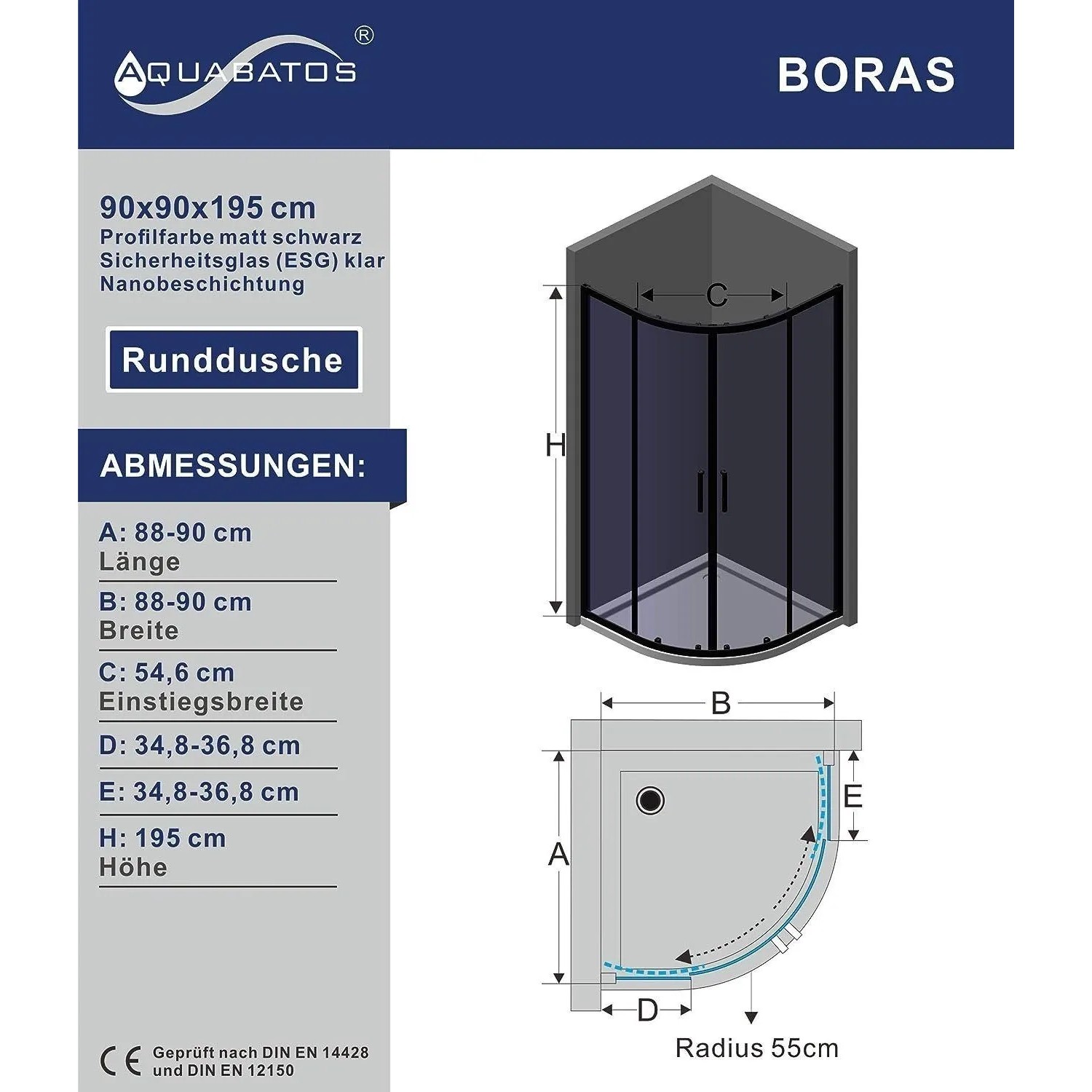Aquabatos Viertelkreis-Duschkabine 90x90x195 cm mit schwarzmatten Profilen, ESG Sicherheitsglas und Schiebetür.