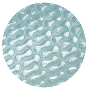 Detailaufnahme einer runden, hellblauen Evolution Solarplane 360cm mit Geobubble-Design.