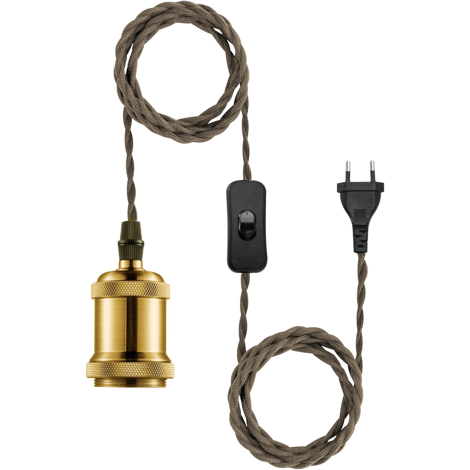 Kabel-Set Hold it in Altmessing mit E27 Fassung, Textilkabel und Stecker.