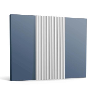 Weißes ORAC DECOR WX210 3D Wandpaneel/Akustikpaneel (260cm) an blauer Wand.