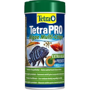 TetraPro Algae Multi-Crisps Fischfutter-Granulat, 250ml Dose mit Fischen.