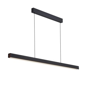 Schwarze, schlanke LED-Pendelleuchte für Esszimmer, linear und dimmbar. Modernes Design, 108cm lang.