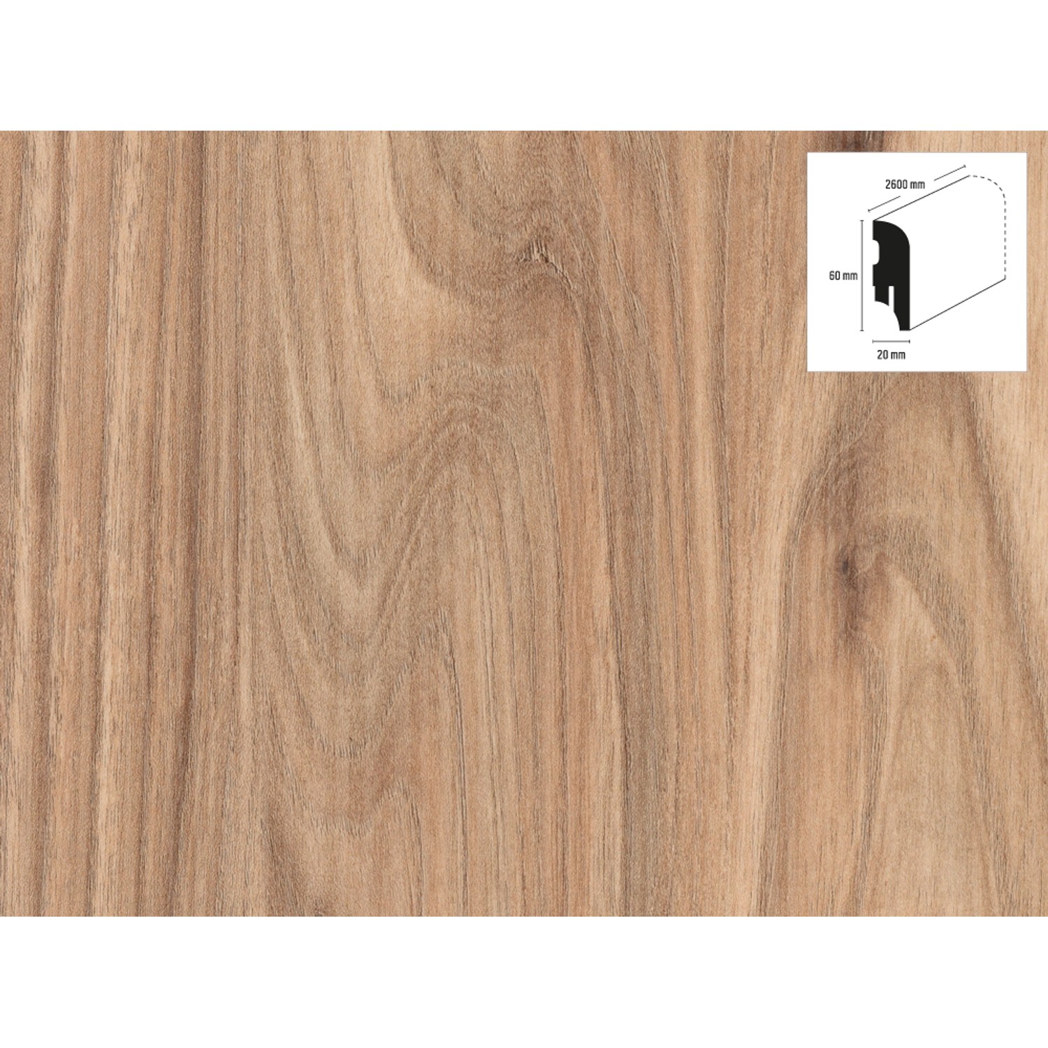 Sockelleiste Royal Elm, 60x20x2600 mm, HDF-Fußleiste in Ulmen-Optik mit Kabelkanal.