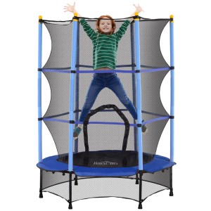 Blaues HOMCOM Kindertrampolin mit Sicherheitsnetz, Kind springt. Bodentrampolin für drinnen und draußen.