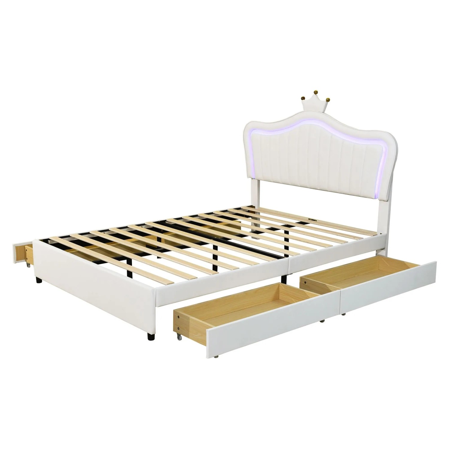 okwish Polsterbett 140x200cm mit Stauraumschubladen LED Kinderbett Weiß ohne Matratze