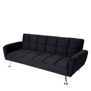 Schwarzes MCW Sofa K19 aus Samt mit Schlaffunktion und verstellbarer Rückenlehne.