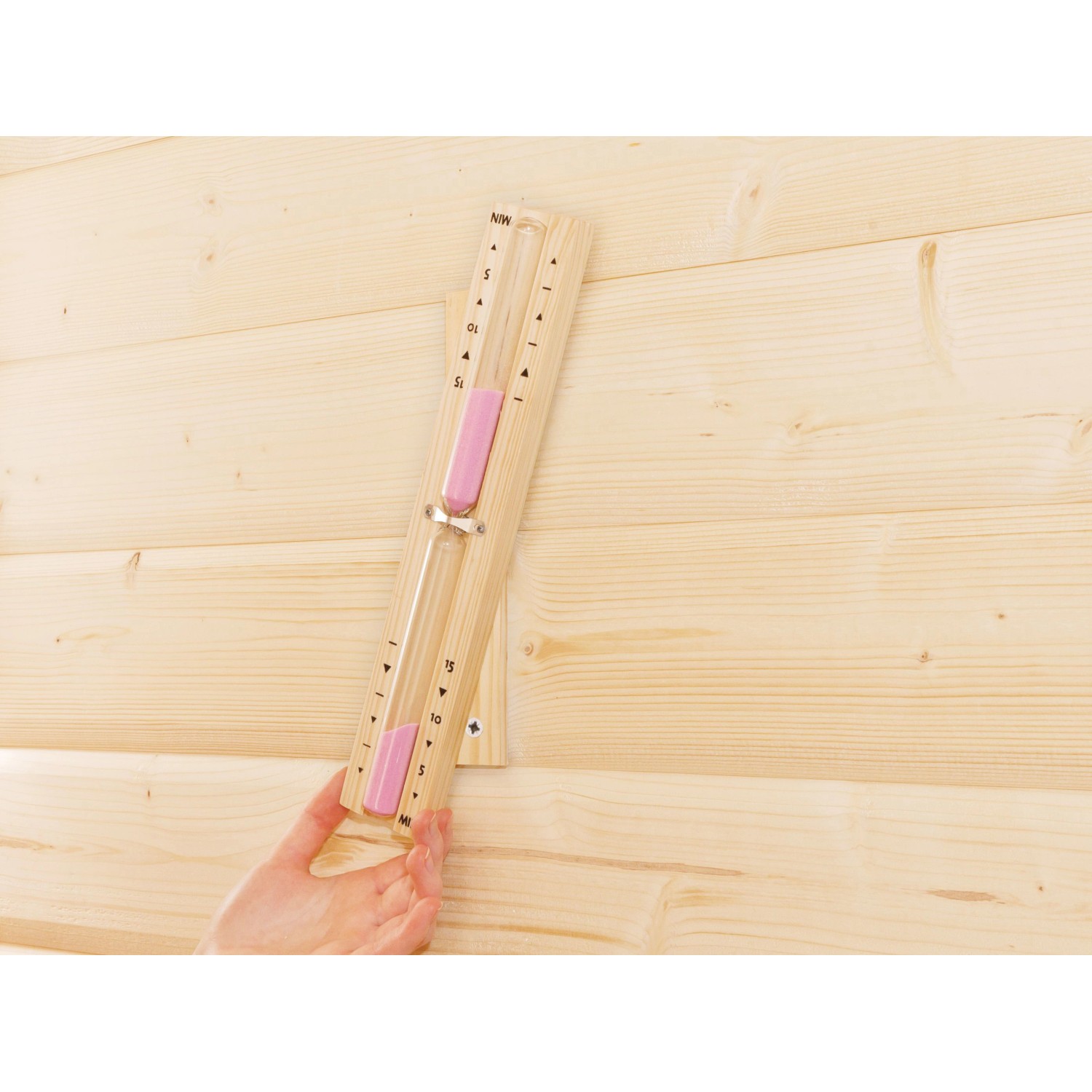 Karibu Sanduhr Classic aus Holz mit rosa Sand für Sauna, ca. 15 Minuten Laufzeit.