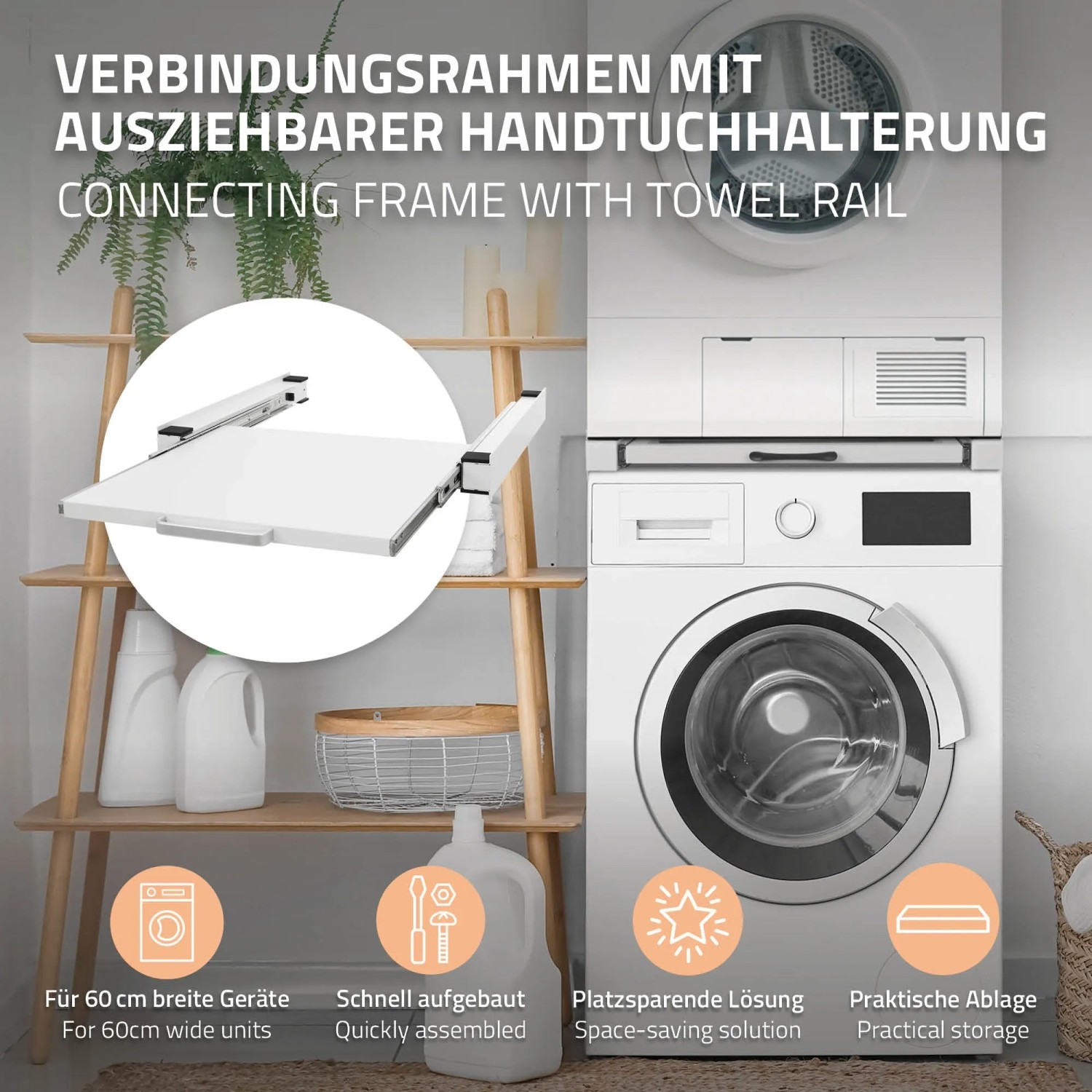 Weißer ML-Design Zwischenbaurahmen mit Ausziehplatte für Waschmaschine.