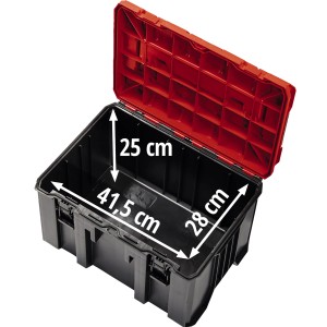 Offener Einhell Systemkoffer E-Case M Werkzeugkoffer mit roten Deckel und Maßangaben.