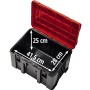 Offener Einhell Systemkoffer E-Case M Werkzeugkoffer mit roten Deckel und Maßangaben.