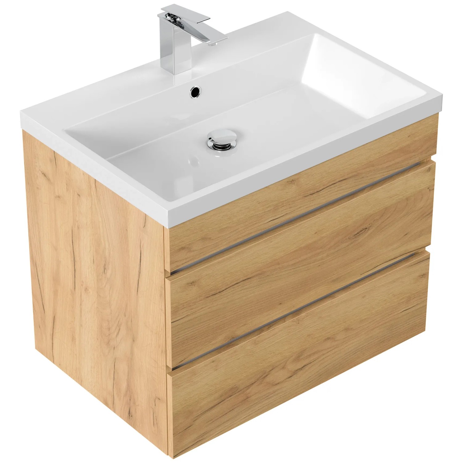 Posseik Badmöbel Fellini 70 in Eiche Gold mit grifflosen Schubladen und Mineralgussbecken.