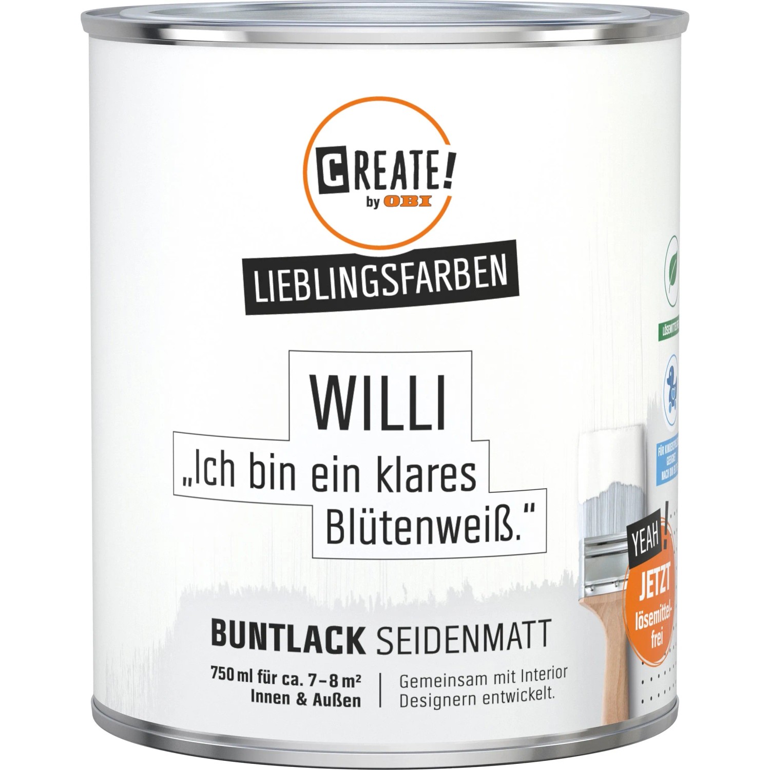 Dose CREATE! by OBI Buntlack Willi Blütenweiß, seidenmatt, für Innen- und Außenbereich.