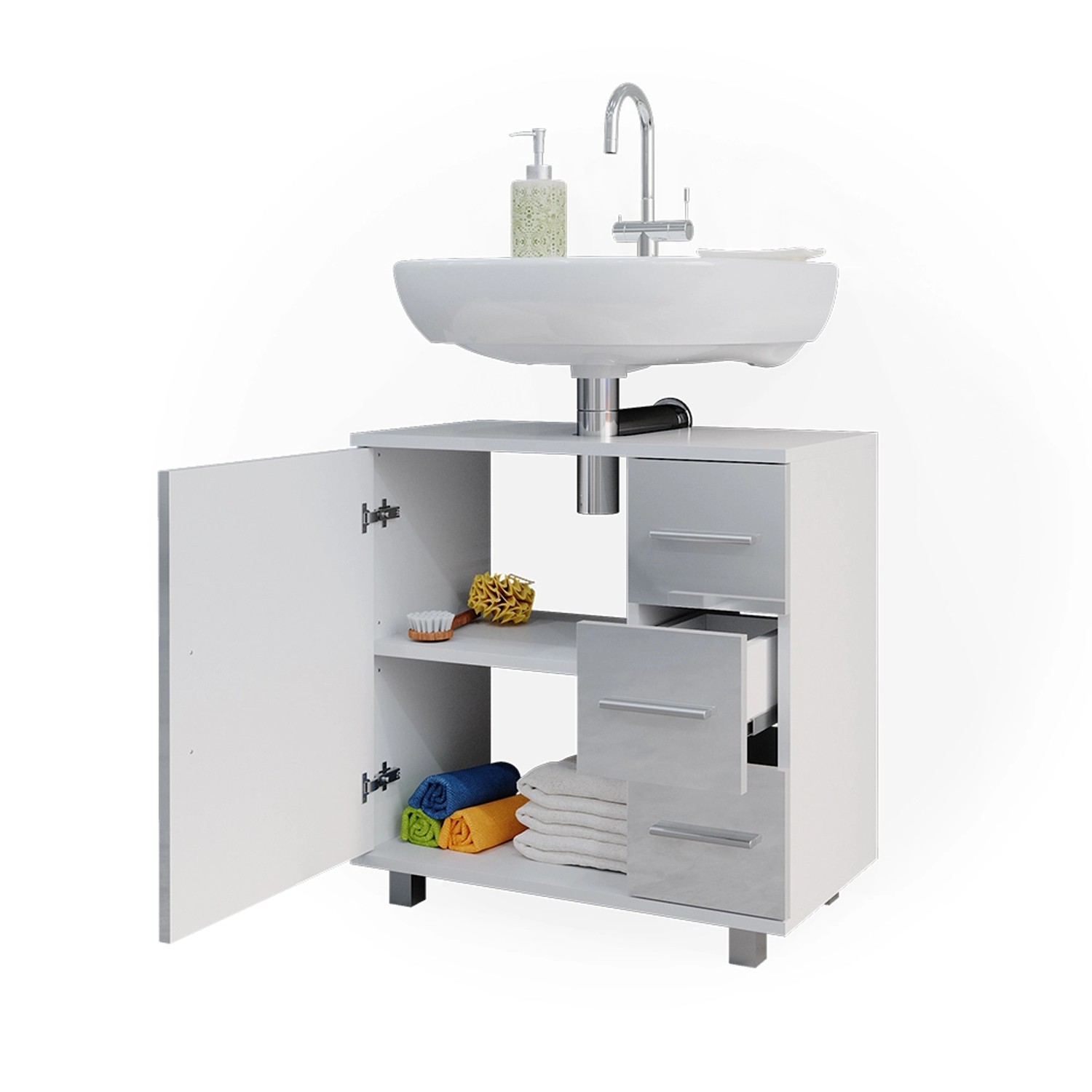 Vicco Waschbeckenunterschrank Ilias, weiß hochglanz, 60 cm breit, mit Schubladen und Tür.