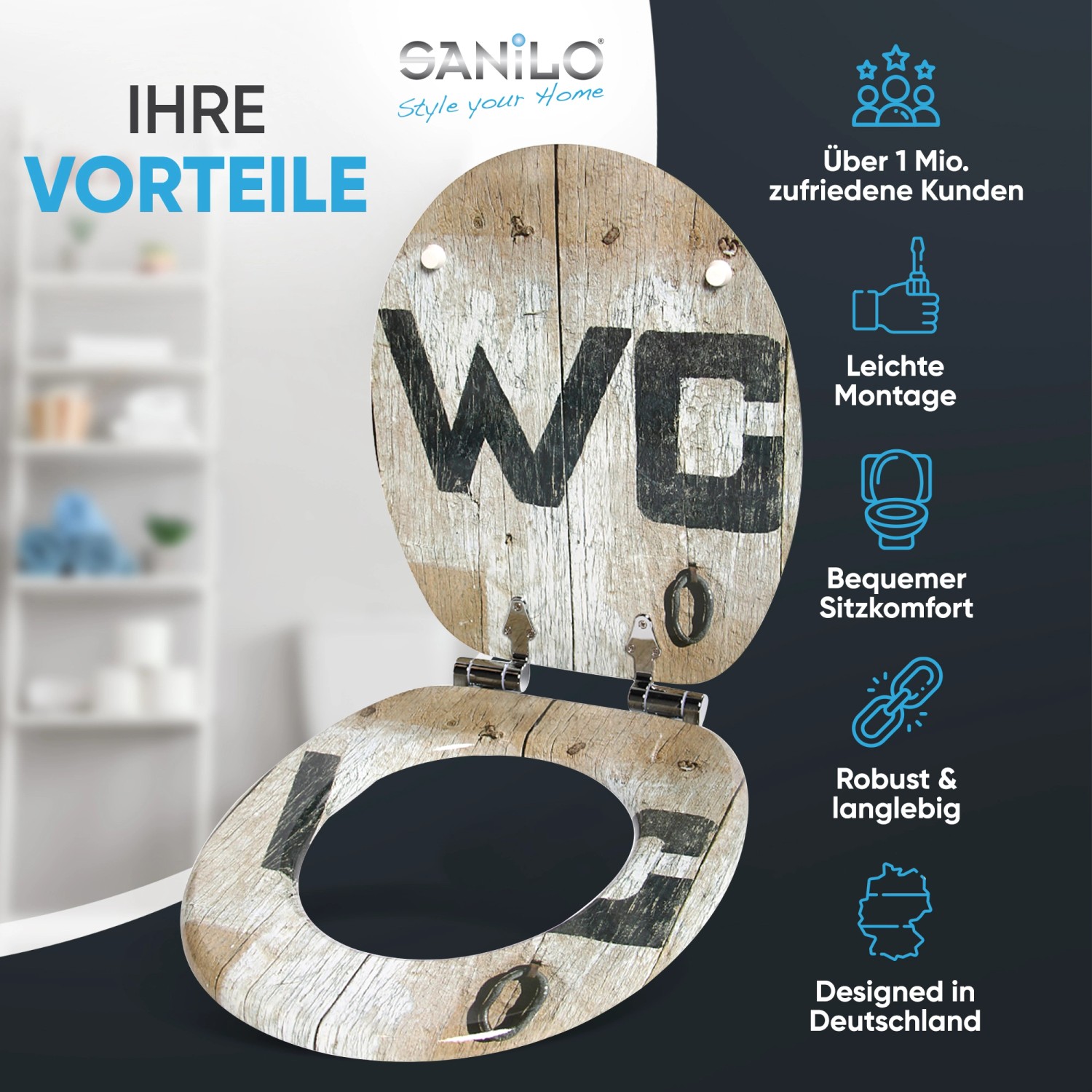 Sanilo WC-Sitz Old Style aus Holz mit Absenkautomatik, Holzoptik mit WC Schriftzug.