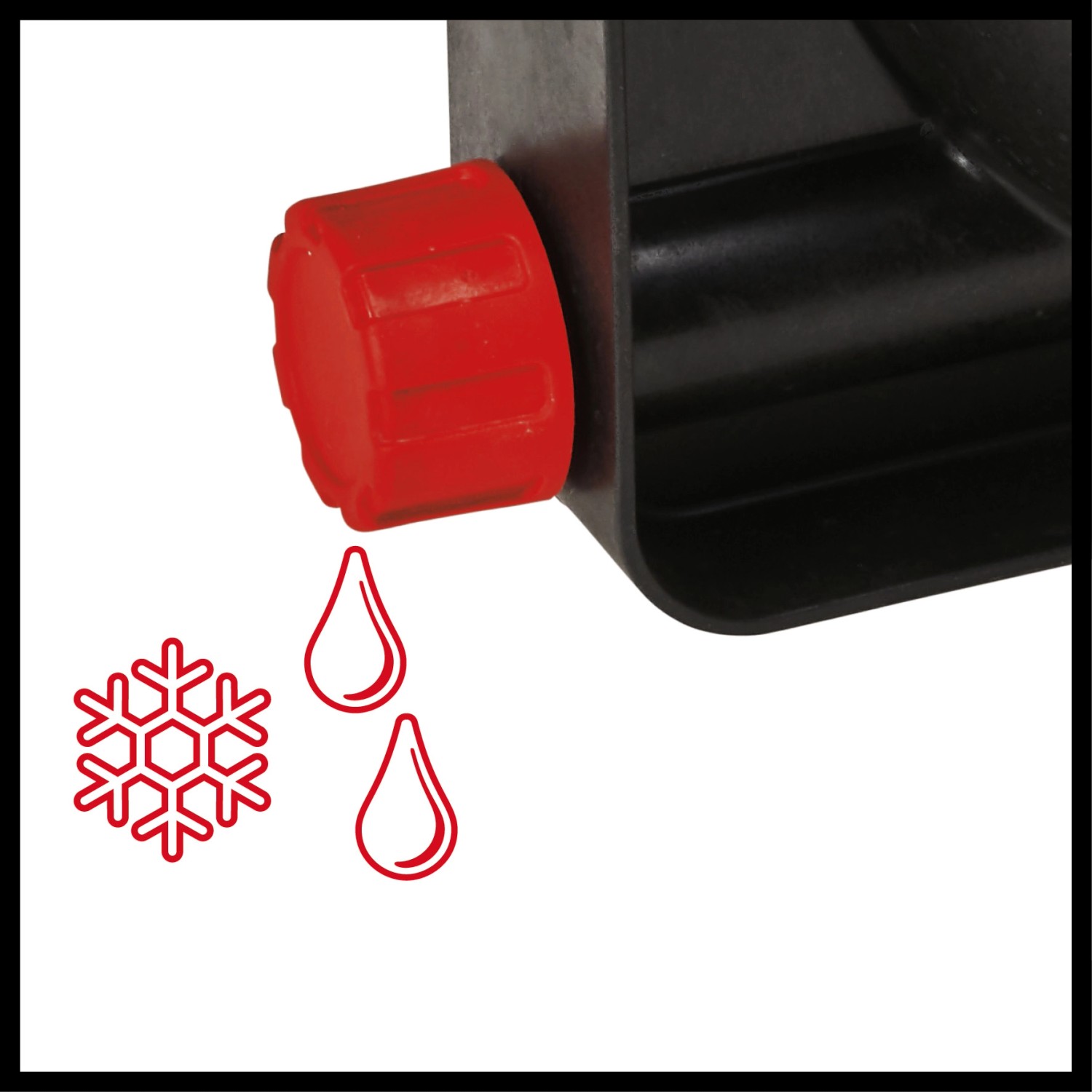 Detailaufnahme: Wasserablassschraube der Einhell GC-GP 1145 Gartenpumpe mit Frostschutz-Symbol.