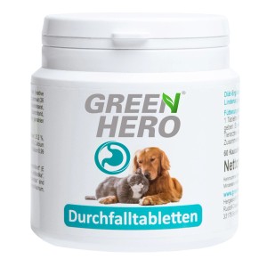GreenHero Durchfalltabletten für Hunde und Katzen, 60 Tabletten in weißer Dose.