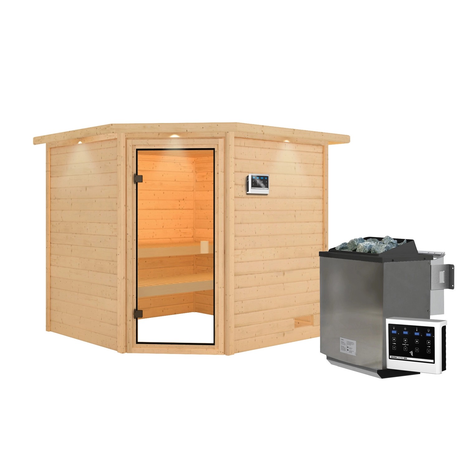 Karibu Sauna Tilda mit Kranz Set Naturbelassen mit Ofen 9 kW Bio ext. Steuerung