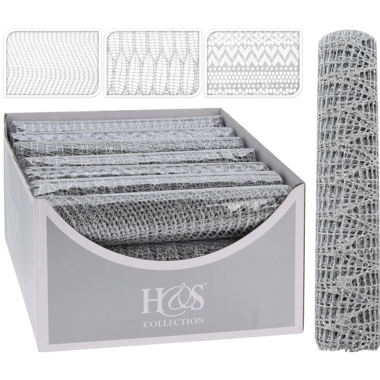 Silberner Dekostoff, 3-fach sortiert, für festliche Weihnachtsdekorationen.