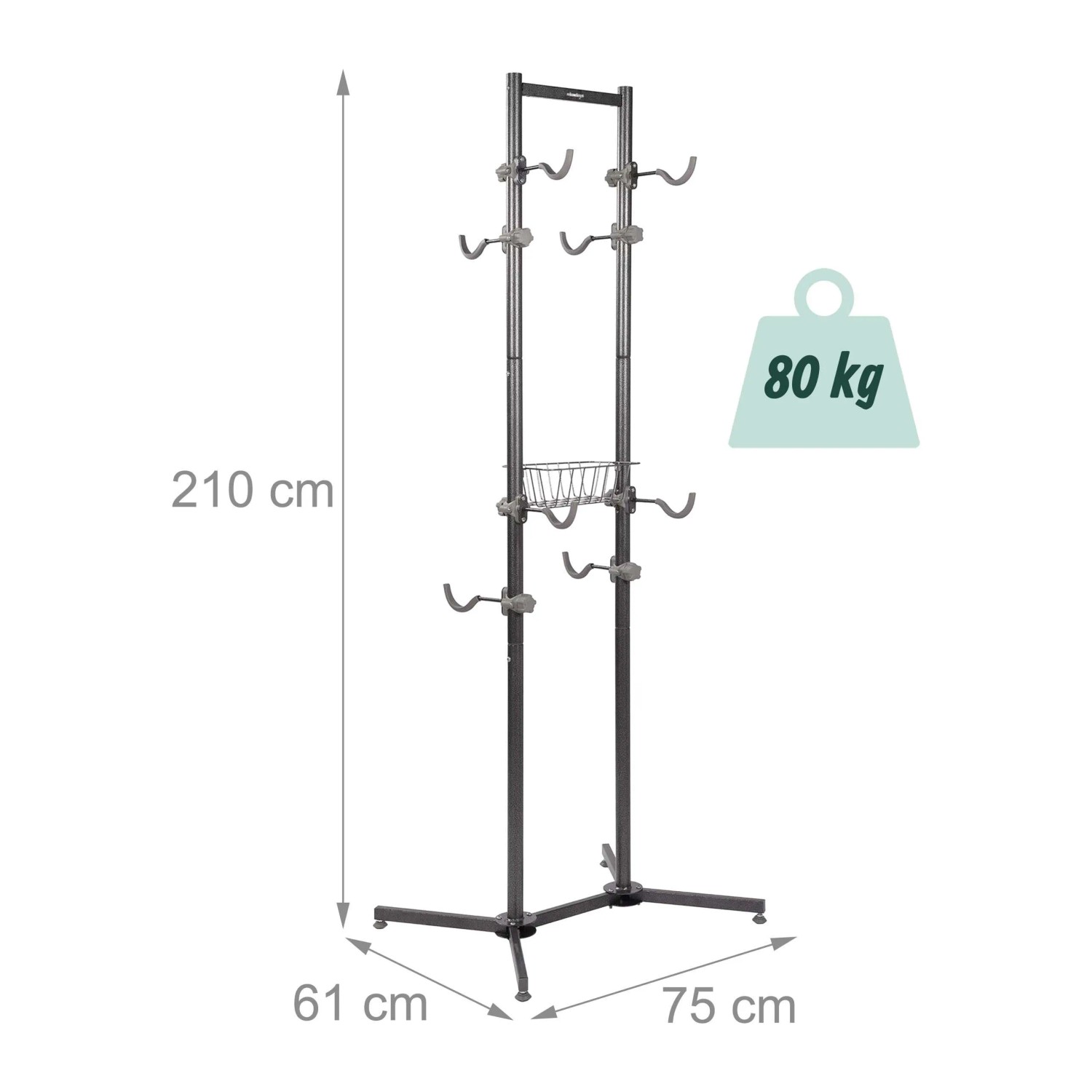 Freistehender Relaxdays Fahrradständer aus Stahl für 4 Fahrräder, schwarz/grau, mit Korb. 210x75x61 cm, 80 kg Traglast.