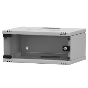 Hellgrauer 19 Zoll hb-digital Netzwerkschrank, 4HE Wandgehäuse mit abschließbarer Glastür.