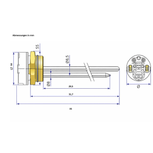 Maßzeichnung der Solar+more Heizpatrone RT2000/RTM300 inkl. Thermostat für Warmwasserspeicher. Zeigt Messingkopf, Edelstahl-Heizstäbe.