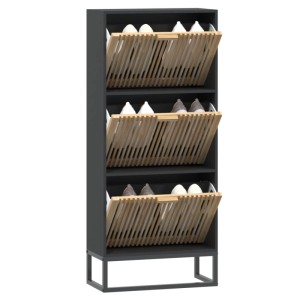Schwarzer vidaXL Schuhschrank (52x25x120 cm) aus Holzwerkstoff mit drei Fächern.