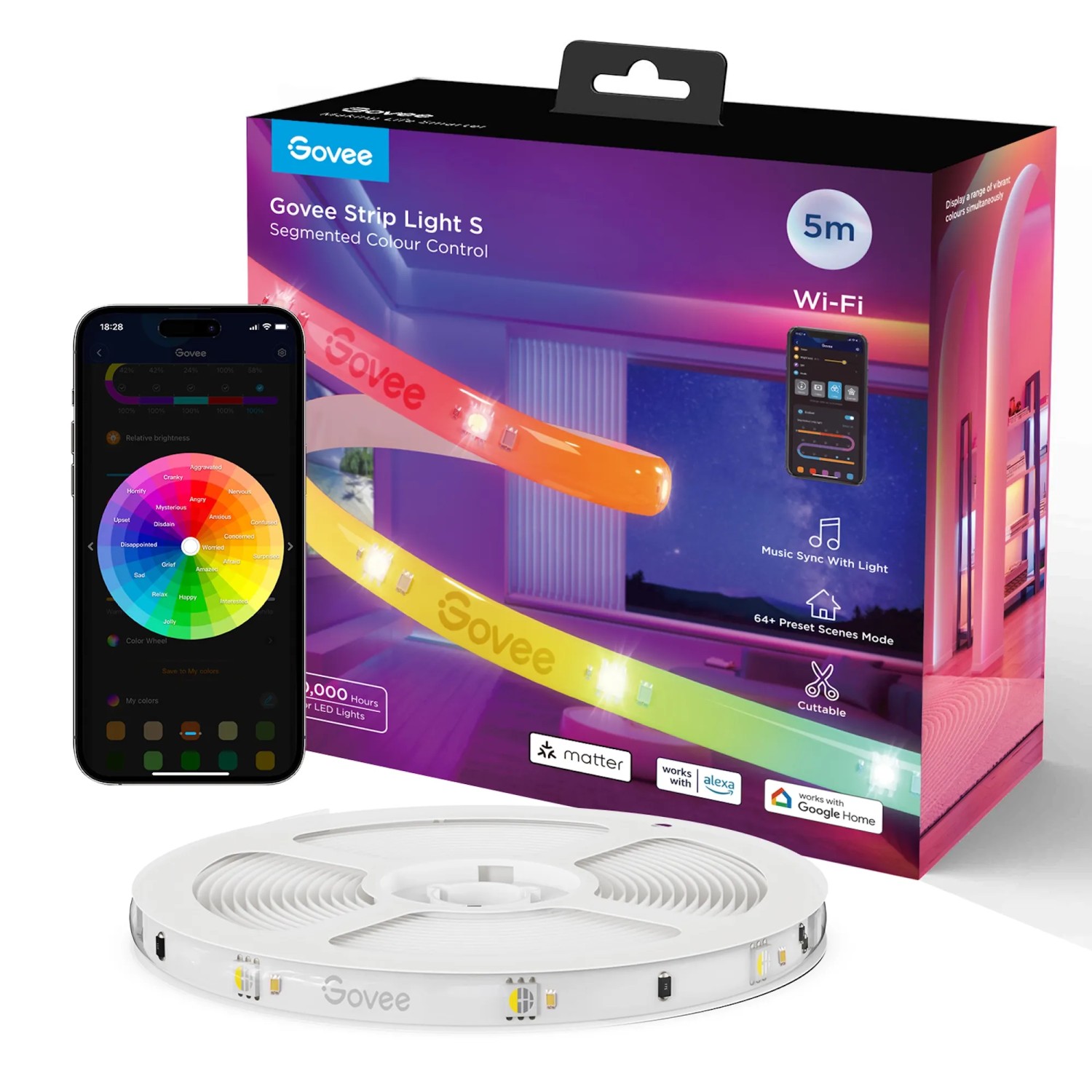 Govee LED-Leuchtband H612A S 5 m mit Verpackung, App-Steuerung und aufgerolltem Band.
