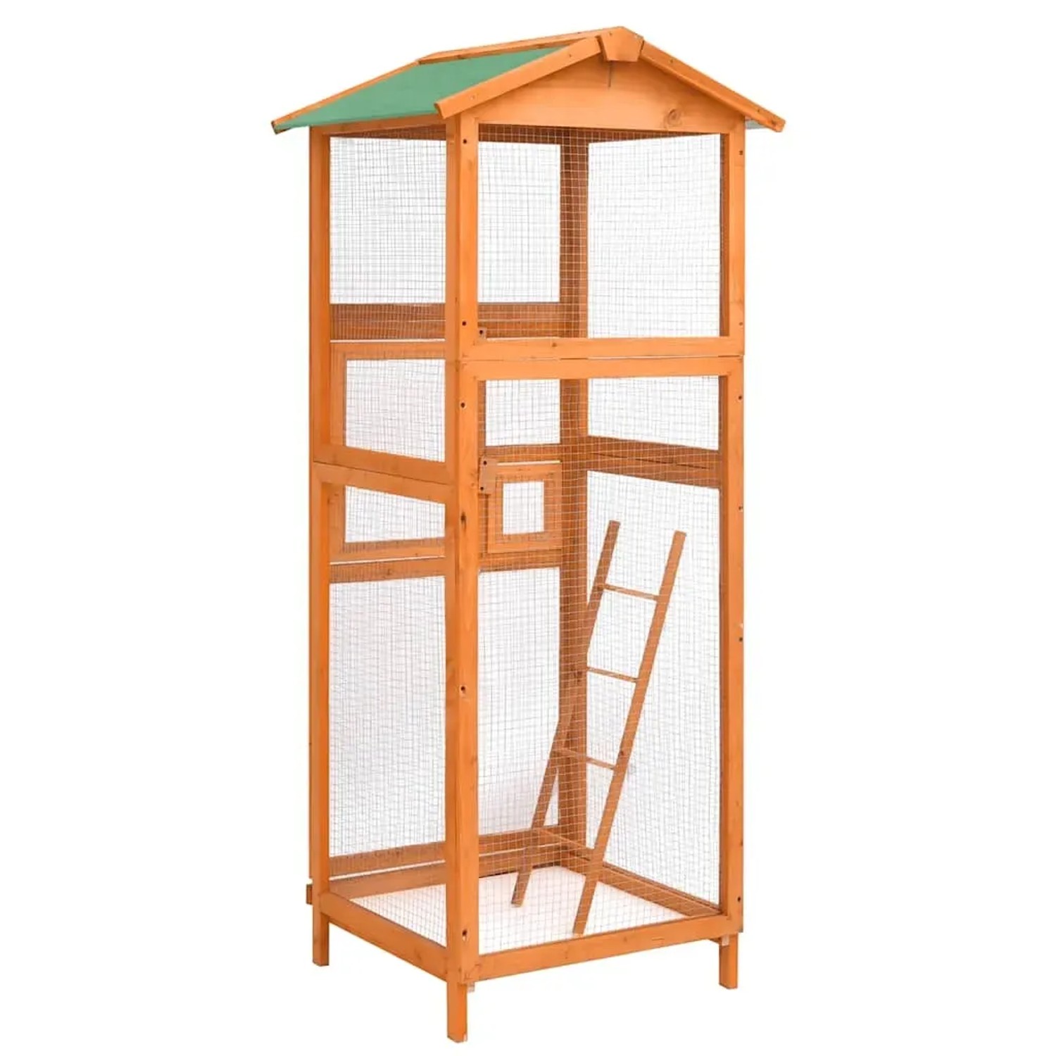 VidaXL Vogelkäfig aus Fichtenholz, 68x62x166 cm, mit Leiter und grünem Dach.