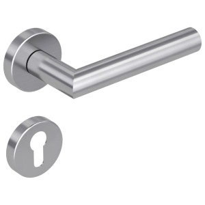 Edelstahl Türgriffgarnitur NOVA MIO 120 mit L-Form und PZ-Rosette. Modernes Design für Zimmertüren.