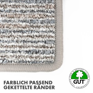 Detailaufnahme des silbergrauen KARAT Teppichs Geneva mit farblich passender Umkettelung.
