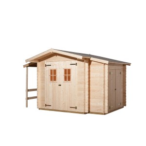 Weka Holz-Gartenhaus Bologna Natur mit Anbaudach und Doppeltür mit Fenstern.