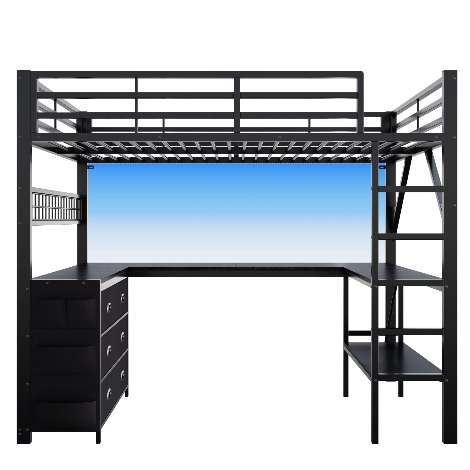Merax Gaming Metall Hochbett 140x200 cm Mit Schubladen Schreibtisch Ablage LED Schwarz