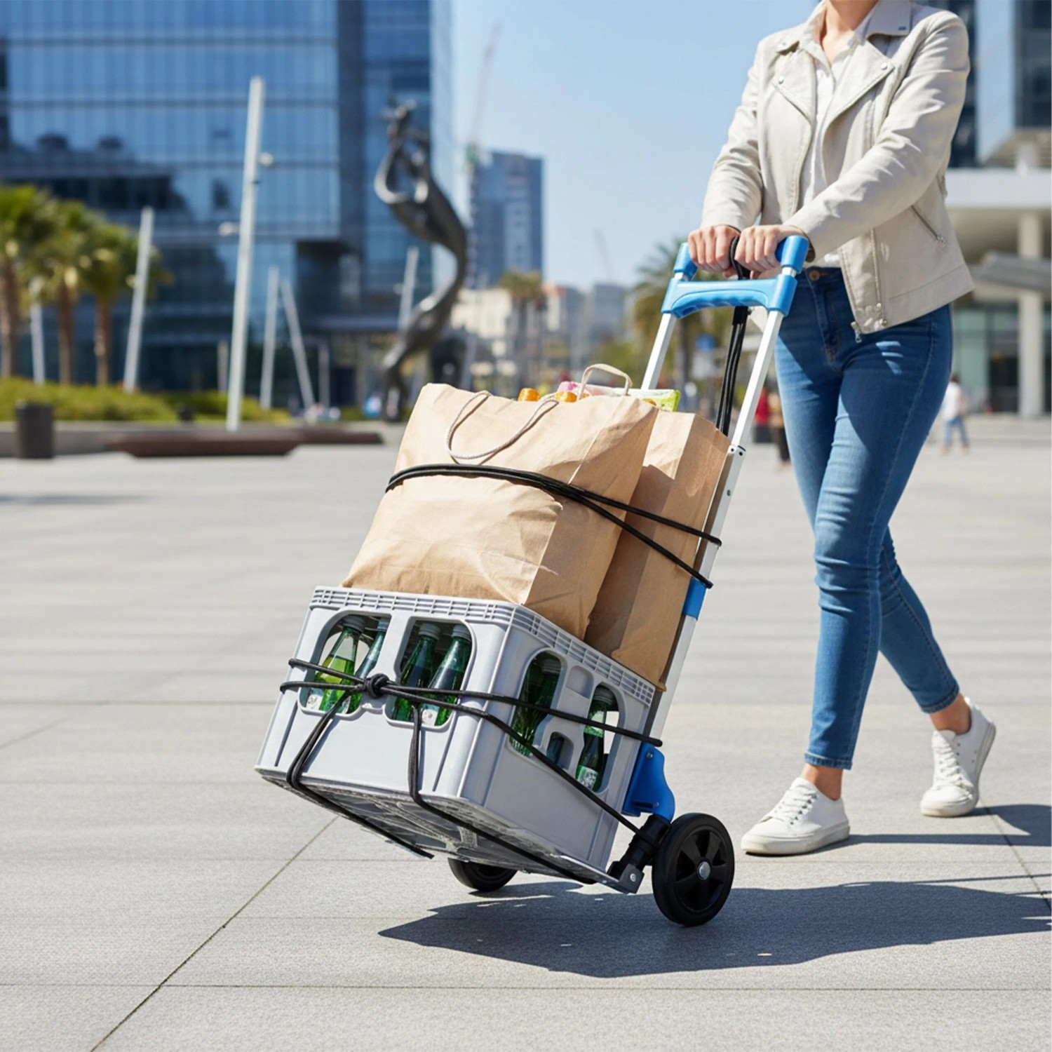 Blaue klappbare Relaxdays Sackkarre aus Stahl, 70 kg Tragkraft, beladen mit Kiste und Taschen, von Person geschoben.