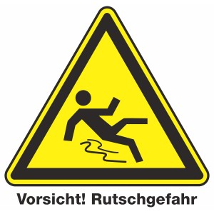 Gelber Aufkleber 'Vorsicht Rutschgefahr' mit Piktogramm stürzende Person.