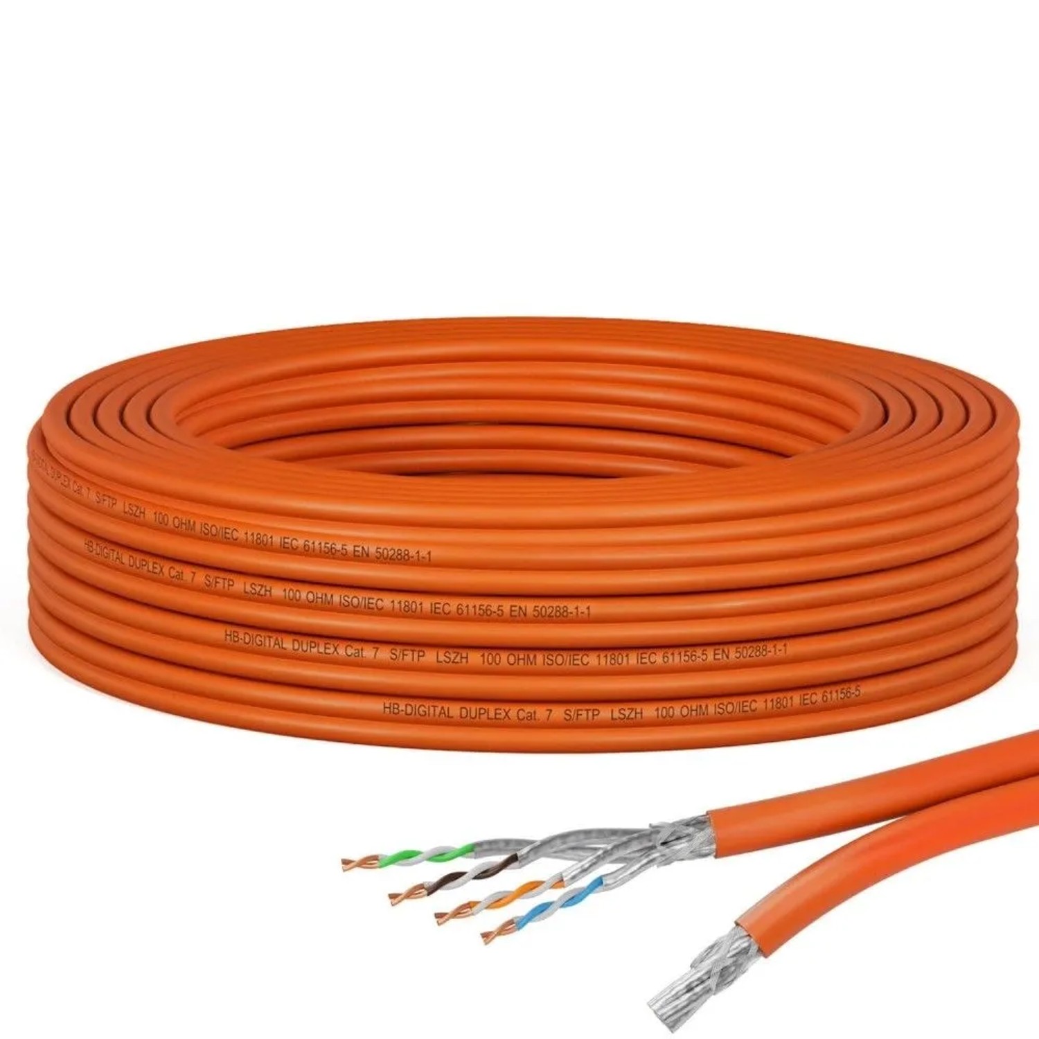 hb-digital CAT 7 Kabel Duplex Ethernetkabel LSZH max. 1000 MHz S/FTP AWG23 10m Orange