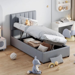 Graues okwish Polsterbett 90x200 mit Bettkasten, ohne Matratze im Kinderzimmer.