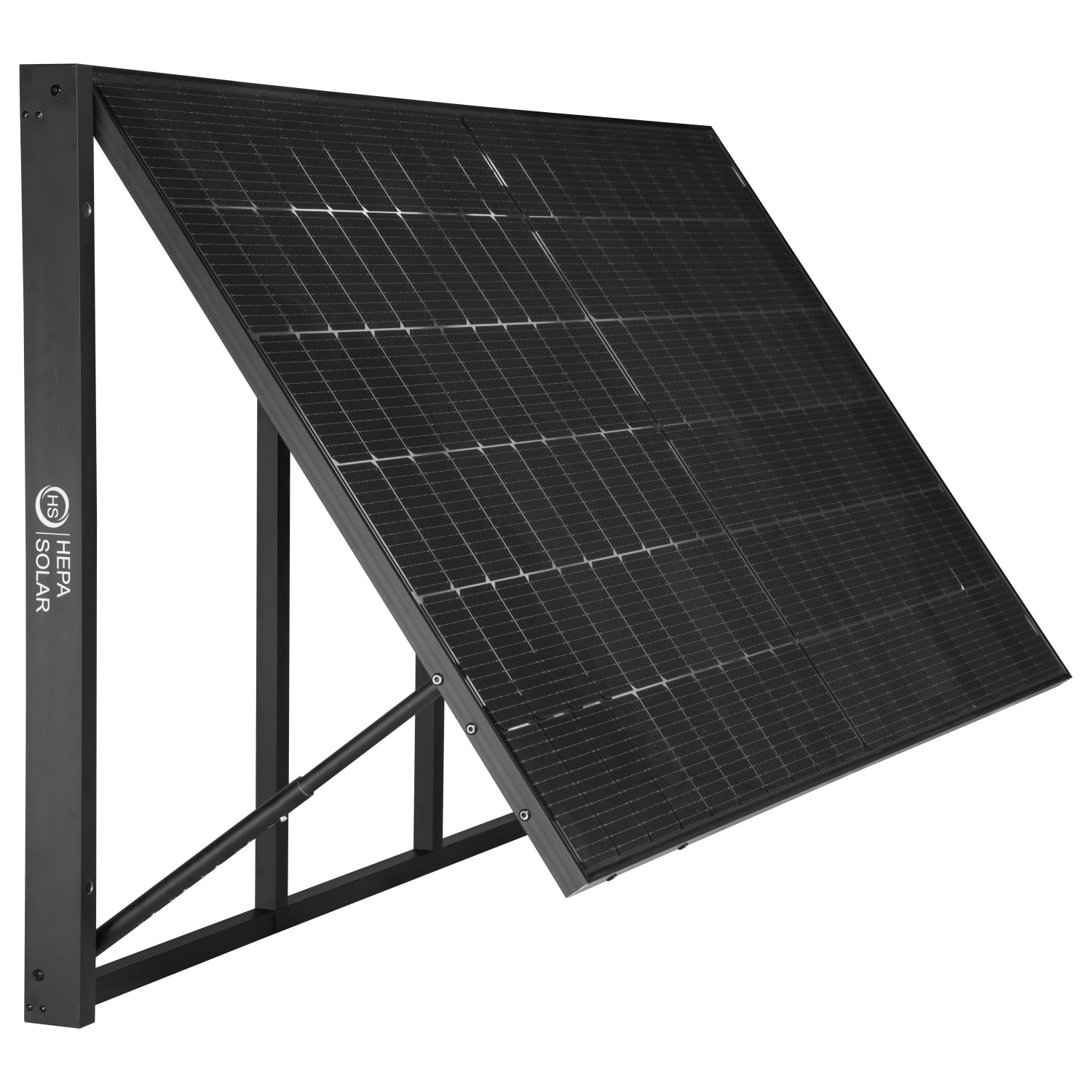 Hepa Solar Balkonkraftwerk Basic mit schwarzem Rahmen und Solarmodul im schrägen Winkel.