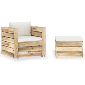 2-teiliges Garten Lounge Set aus imprägniertem Holz mit cremeweißen Kissen.