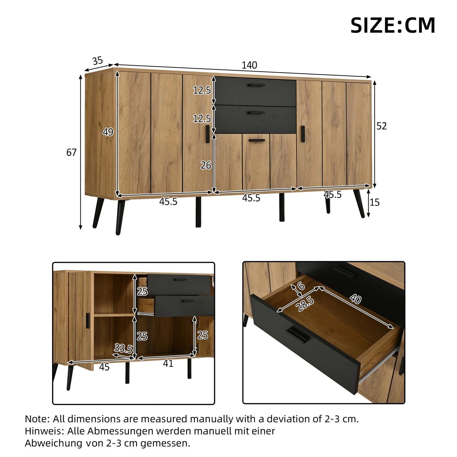 Modernes Sideboard in Holzoptik und Schwarz mit 3 Türen und 2 Schubladen. Maße 140x35x67 cm.