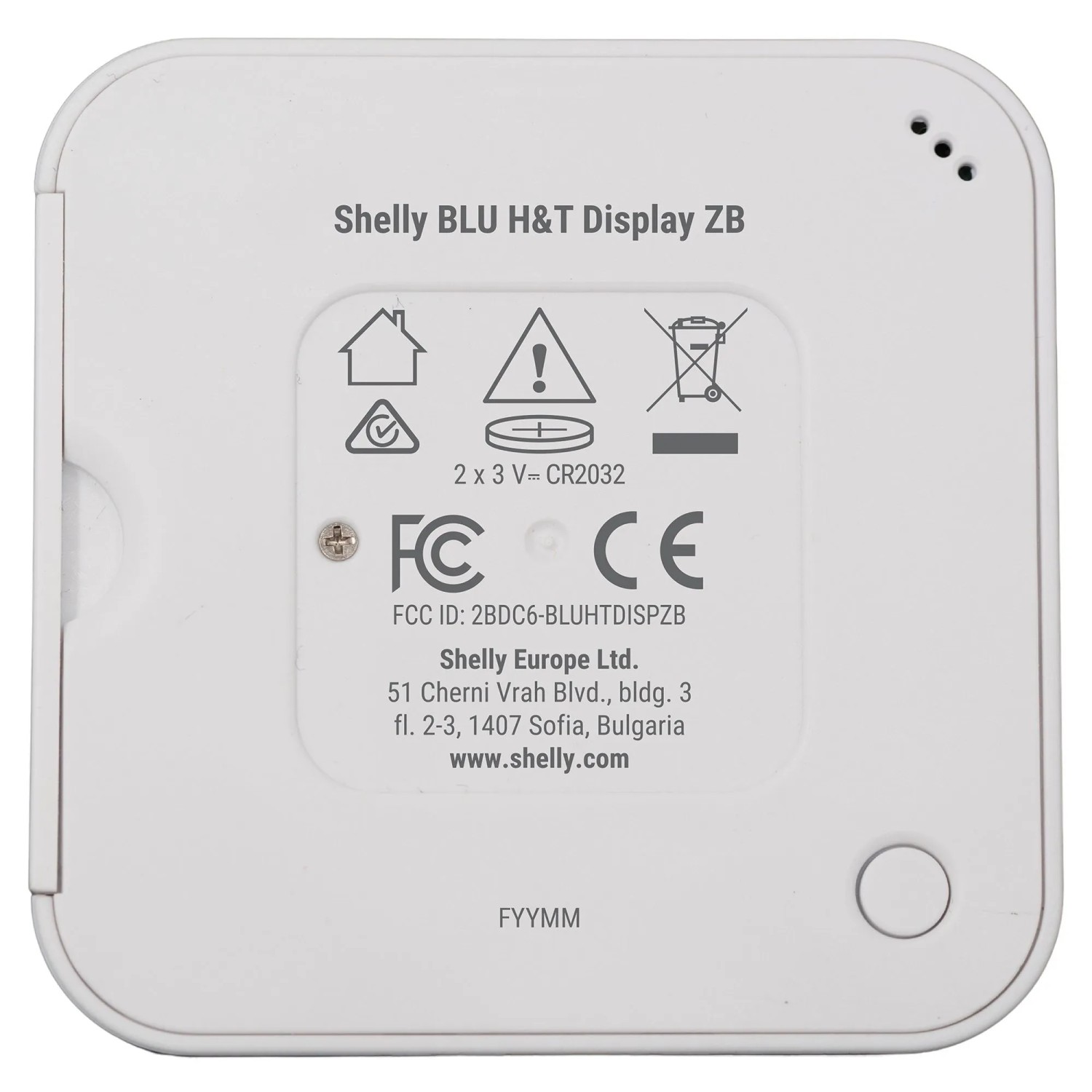 Rückseite des weißen Shelly BLU H&T Display ZB Temperatur- und Luftfeuchtigkeitssensors.