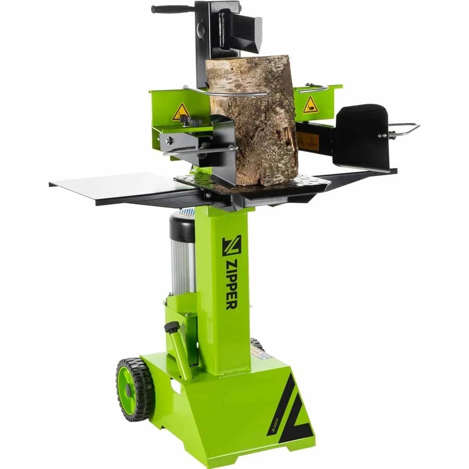 Zipper Holzspalter ZI-HS8TN_230V in Grün mit Holzstück zum Spalten.