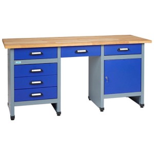 Küpper Werkbank 170 cm mit Buchenholzplatte, blauen Schubladen und Sitzraum für mehr Beinfreiheit.