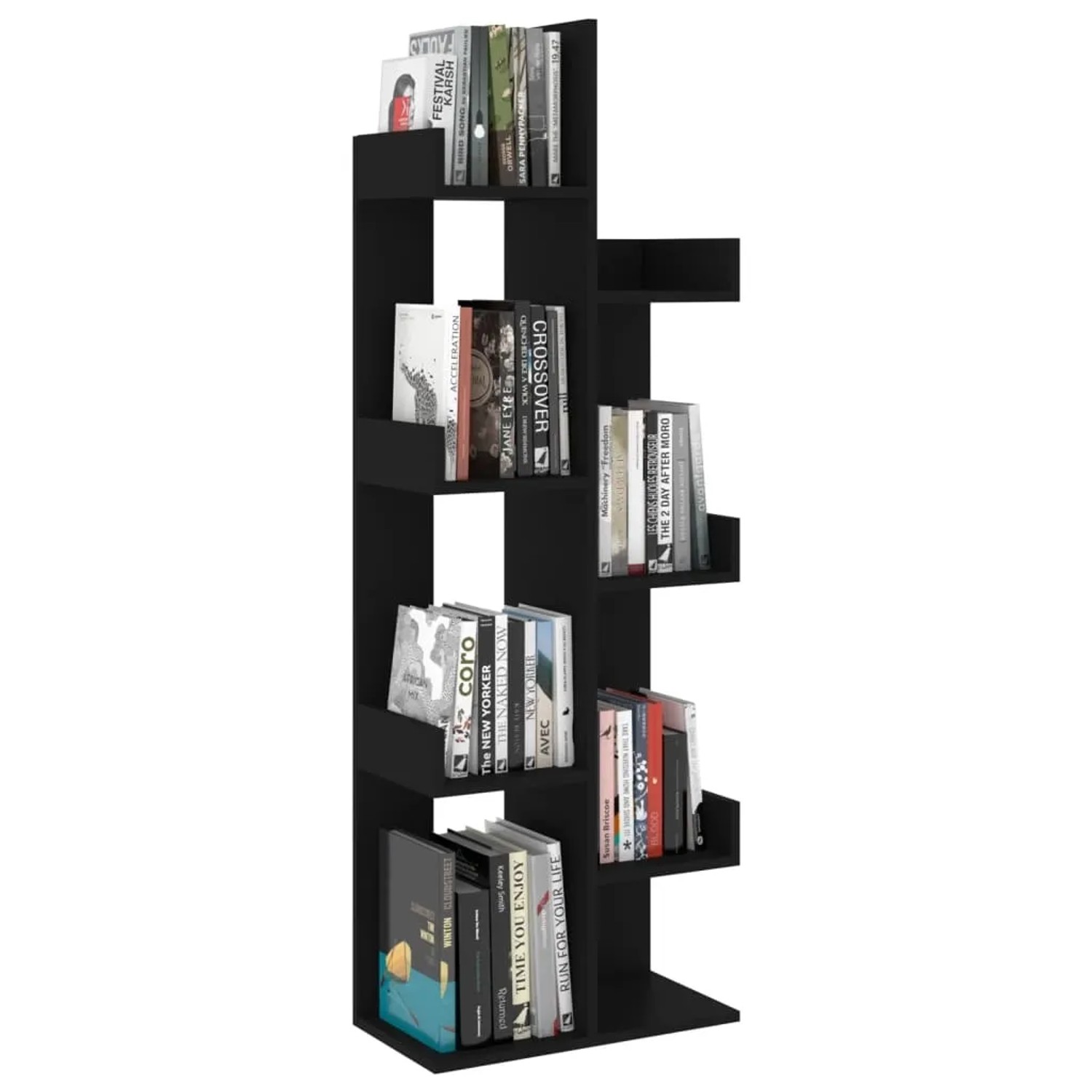 Schwarzes VidaXL Bücherregal (48x25,5x140 cm) aus Holzwerkstoff mit Büchern.