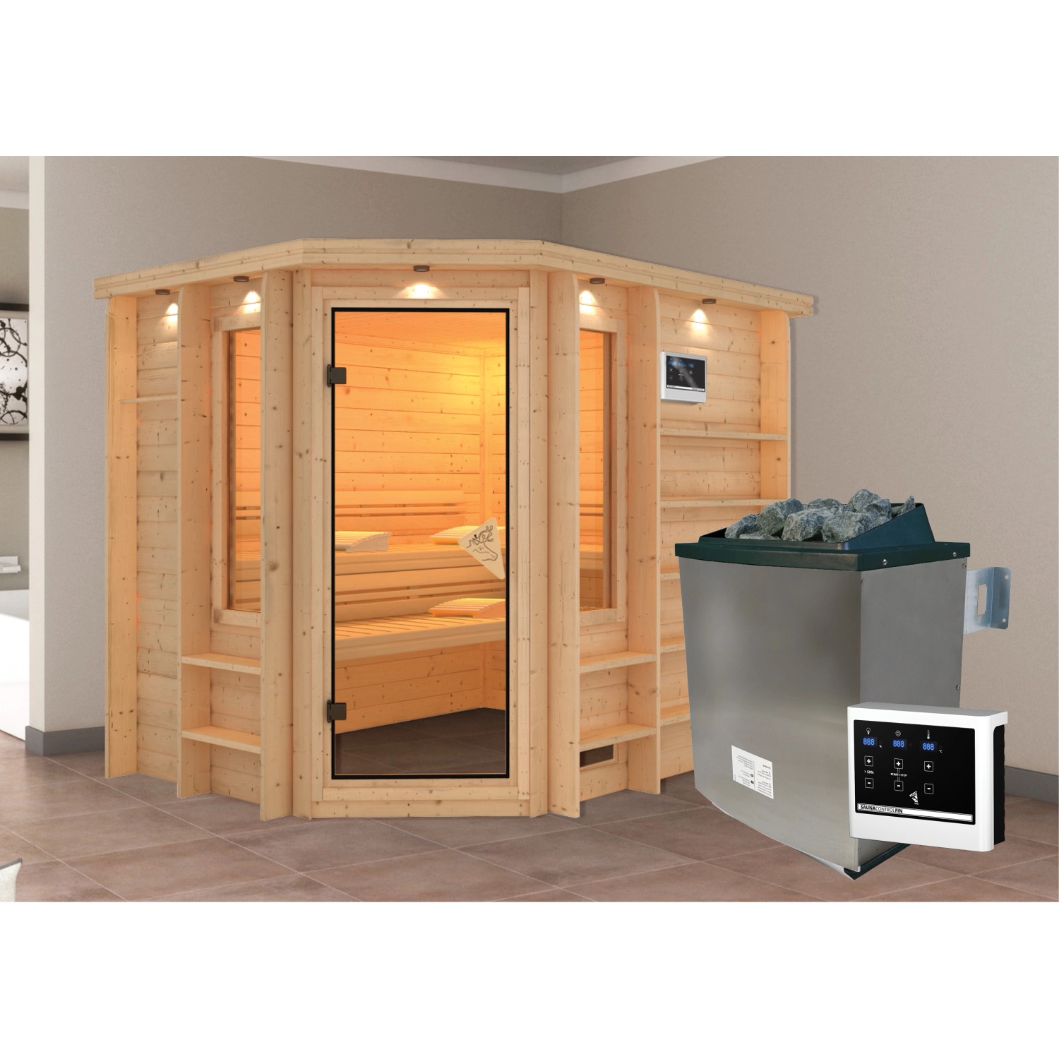 Karibu Sauna-Set Risa inkl. Edelstahl-Ofen 9 kW mit ext. Steuerung