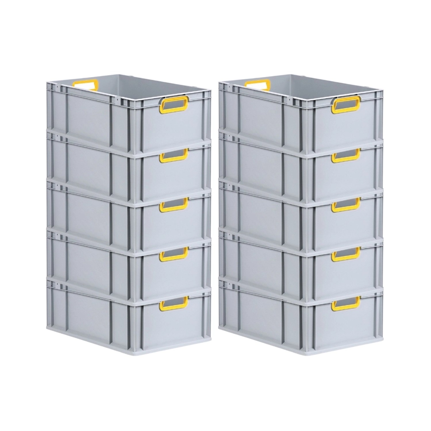 Stapel mit grauen PROREGAL Euroboxen mit gelben Griffen, 44 Liter, für Lagerung und Transport.