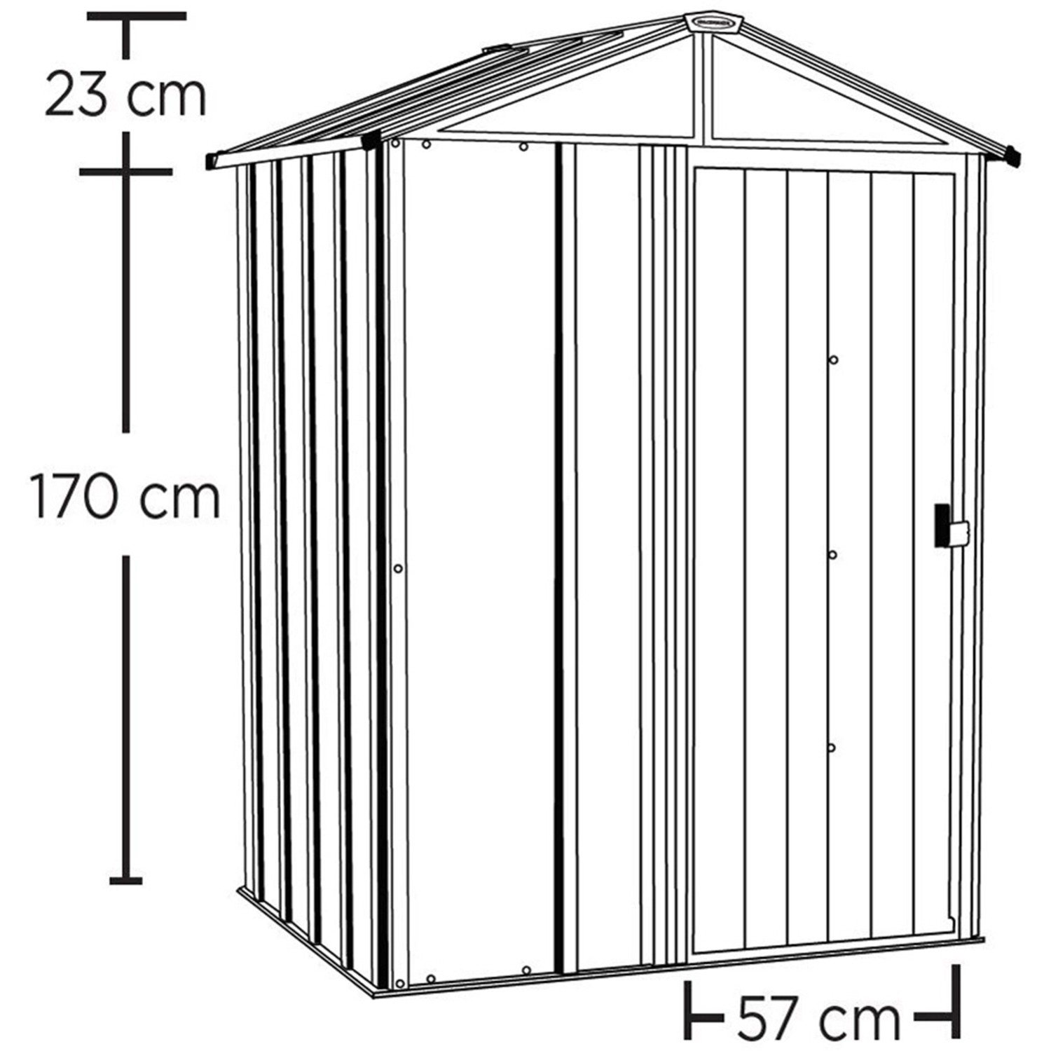 Skizze: Spacemaker Metall-Gerätehaus, grau, 1,5 m², mit Maßangaben zu Höhe und Breite.
